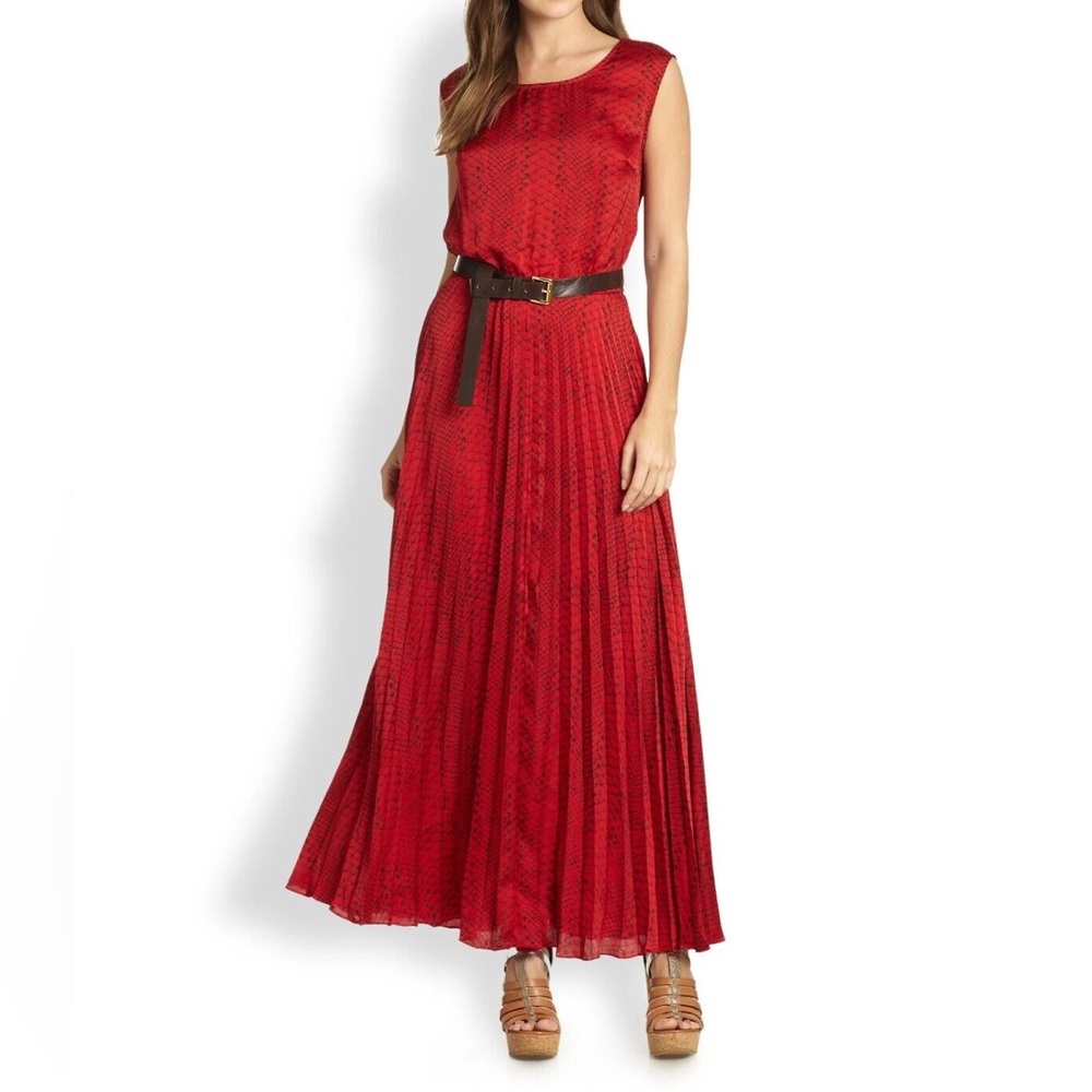 MICHAEL Michael Kors Snake Print Belted Sleeveless Red Pleated Maxi Dress Large